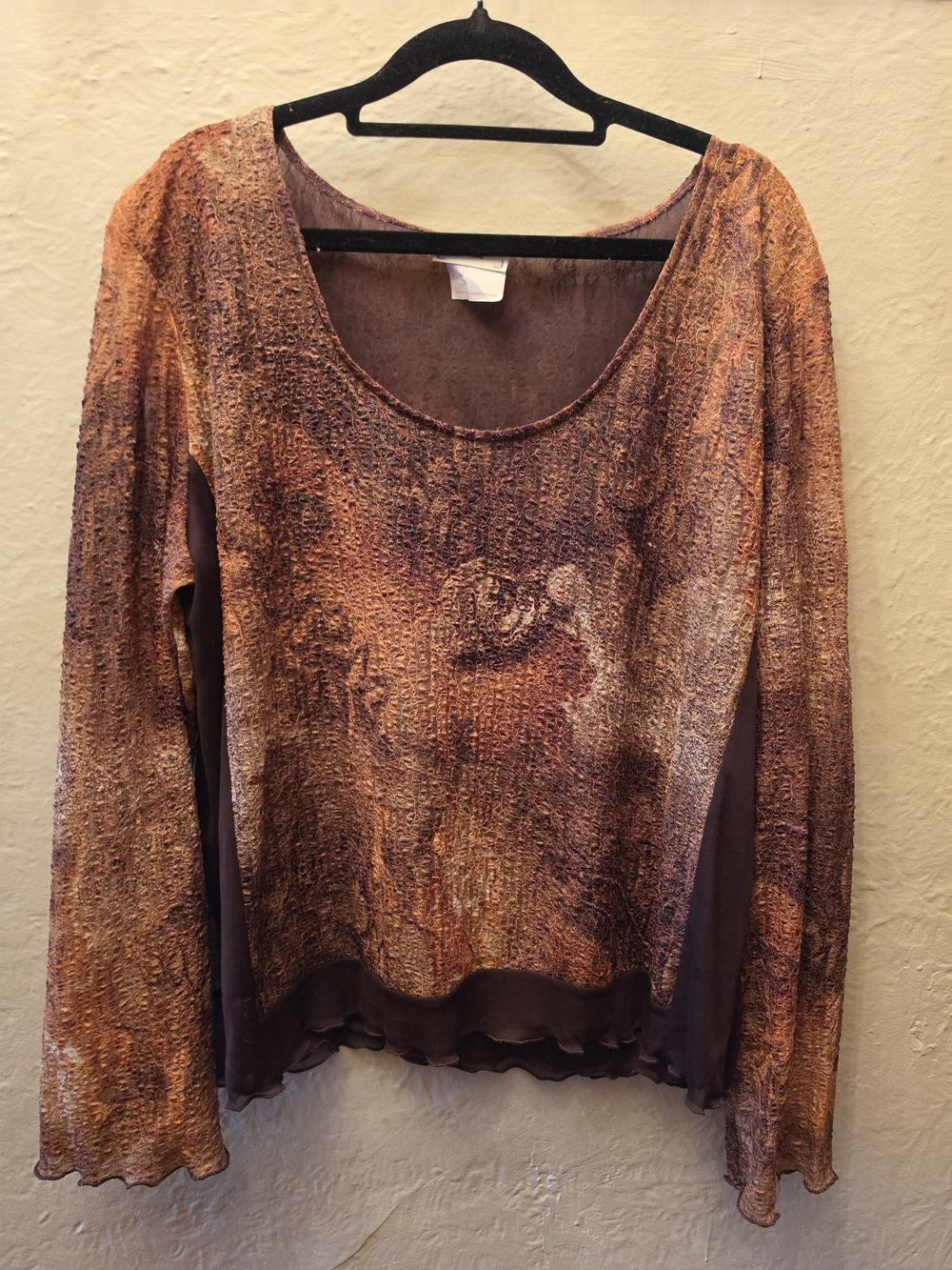 Y2K Ardoise Montreal Abstract Mesh Top Brown Sheer Lettuce Hem L/XL/XXL